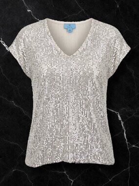 CeCe Silver Sequin V-Neck Cap Sleeve Sparkle Party Top Medium